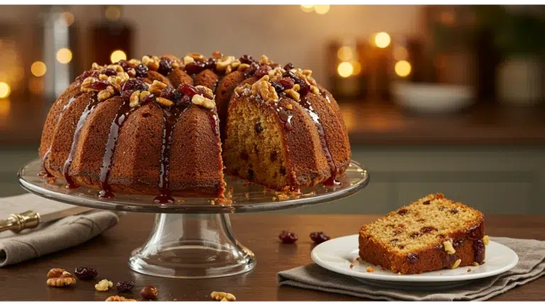 A whole cake on an elegant cake stand, featuring a golden crust, dark rum glaze, topped with mixed dried fruits and chopped nuts, with citrus zests and cinnamon in a cozy kitchen setting.