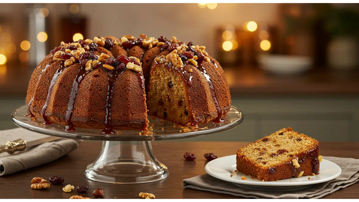 A whole cake on an elegant cake stand, featuring a golden crust, dark rum glaze, topped with mixed dried fruits and chopped nuts, with citrus zests and cinnamon in a cozy kitchen setting.
