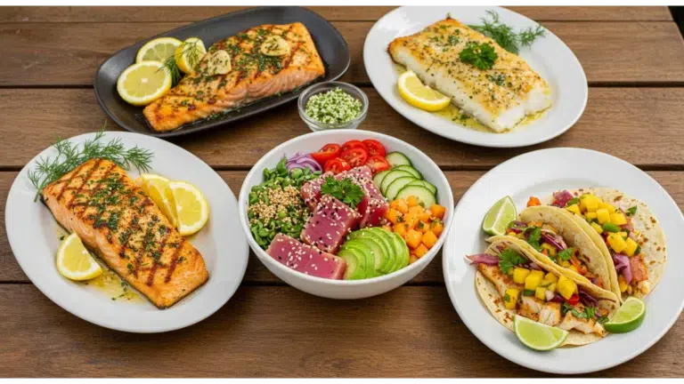 A beautifully arranged table featuring grilled lemon herb salmon, baked garlic butter cod, spicy tuna poke bowl, and colorful fish tacos.