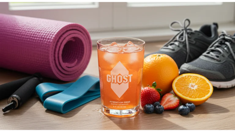 Refreshing hydration drink in a clear glass with ice, surrounded by fresh fruits and workout gear.