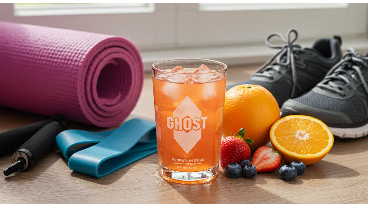 Refreshing hydration drink in a clear glass with ice, surrounded by fresh fruits and workout gear.