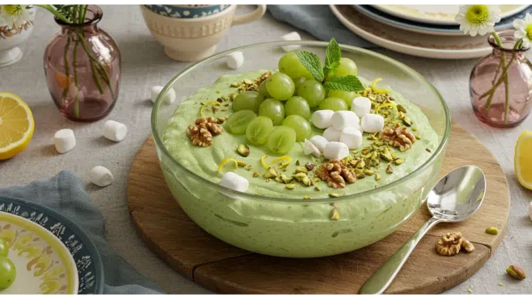 Elegant dessert display featuring a bowl of creamy pistachio pudding topped with green grapes, mini marshmallows, and walnuts, surrounded by decorative plates and fresh flowers.