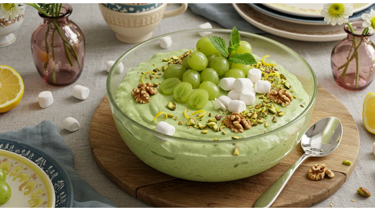 Elegant dessert display featuring a bowl of creamy pistachio pudding topped with green grapes, mini marshmallows, and walnuts, surrounded by decorative plates and fresh flowers.