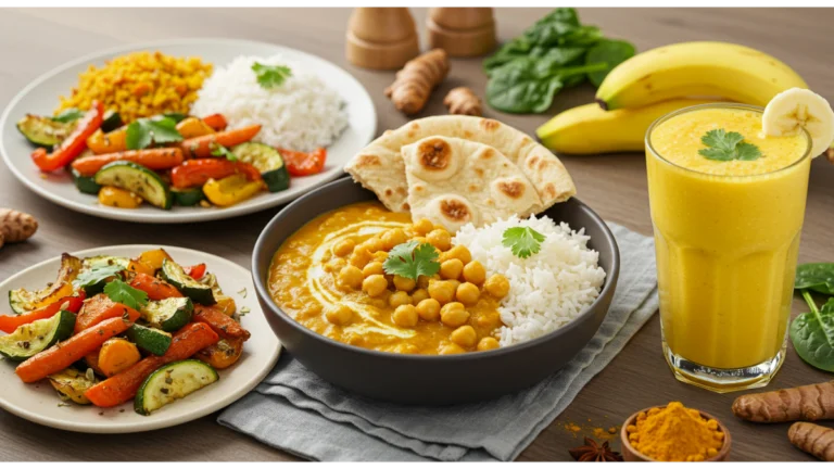 A colorful spread of turmeric recipes including roasted vegetables, chickpea curry, and a smoothie, presented on a rustic table.