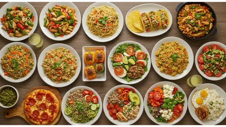 A beautifully arranged dining table featuring 15 delicious dishes including stir-fry, pasta primavera, tacos, chicken fajitas, vegetable fried rice, chickpea curry, stuffed bell peppers, caprese salad, baked salmon, homemade pizza, zucchini noodles with pesto, quinoa and black bean salad, creamy tomato soup with grilled cheese, Greek chicken bowls, and a breakfast spread.