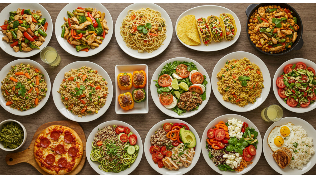 A beautifully arranged dining table featuring 15 delicious dishes including stir-fry, pasta primavera, tacos, chicken fajitas, vegetable fried rice, chickpea curry, stuffed bell peppers, caprese salad, baked salmon, homemade pizza, zucchini noodles with pesto, quinoa and black bean salad, creamy tomato soup with grilled cheese, Greek chicken bowls, and a breakfast spread.