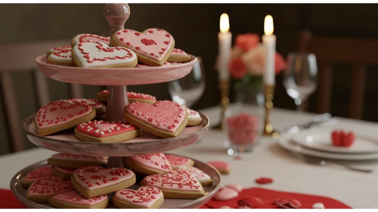 A whimsical side view of a tiered dessert stand filled with heart-shaped sugar cookies, each uniquely decorated with colorful icing and sprinkles, set against a softly blurred romantic dining table adorned with candles and flowers.