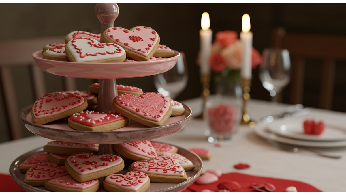 A whimsical side view of a tiered dessert stand filled with heart-shaped sugar cookies, each uniquely decorated with colorful icing and sprinkles, set against a softly blurred romantic dining table adorned with candles and flowers.