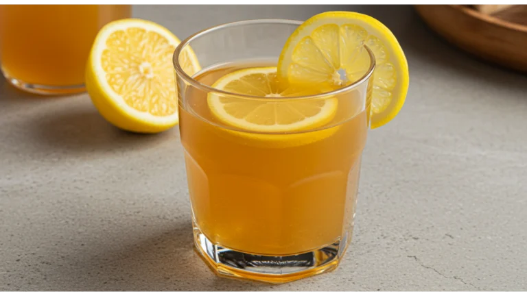 A glass filled with a golden-hued apple cider vinegar weight loss drink, garnished with a lemon slice and a drizzle of raw honey.
