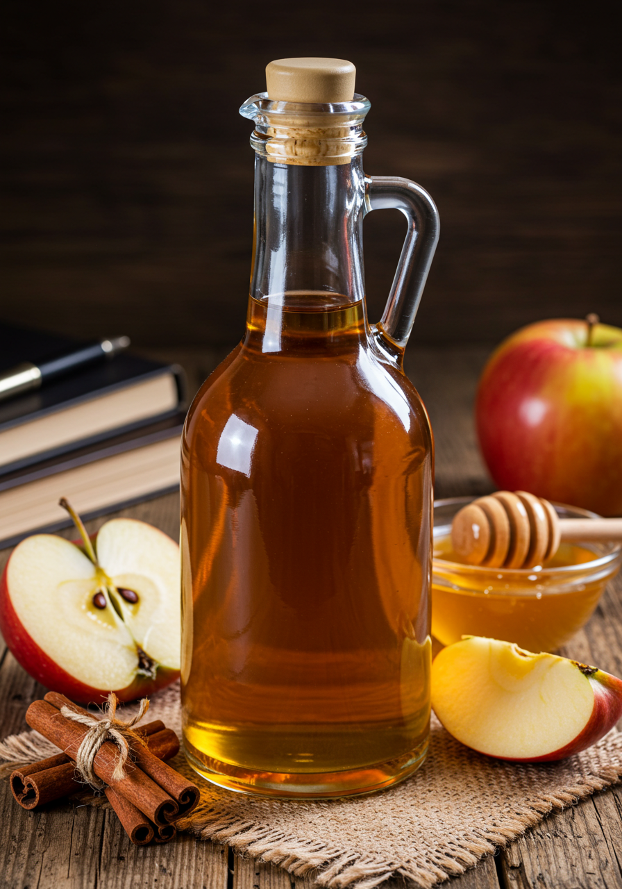 A glass bottle filled with amber-colored apple cider vinegar, surrounded by fresh apples, cinnamon sticks, and a honey dipper on a rustic wooden surface.