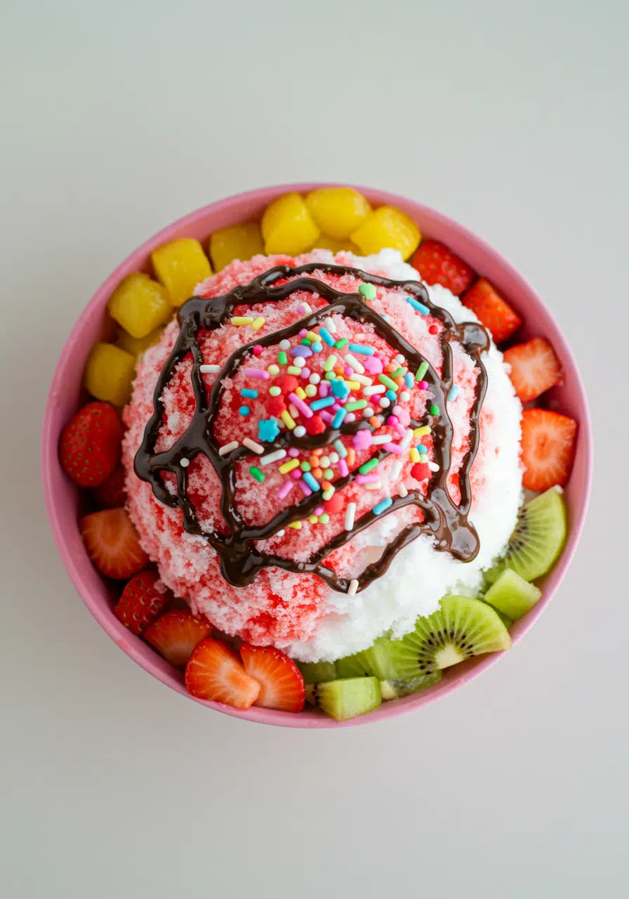 Overhead view of three delightful snow cream desserts: a tall glass layered with snow cream and colorful toppings, a frosty milkshake topped with whipped cream, and a refreshing float with sparkling soda poured over snow cream, all arranged on a light-colored tabletop.