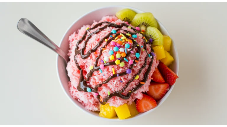 Overhead view of a vibrant bowl of fluffy snow cream topped with colorful sprinkles, rich chocolate syrup, and fresh fruit, placed on a rustic wooden table. Surrounding the bowl are ingredients like a cup of milk, granulated sugar, and a small bottle of vanilla extract.