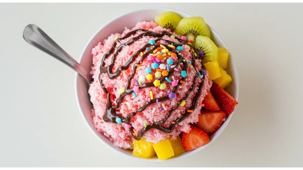Overhead view of a vibrant bowl of fluffy snow cream topped with colorful sprinkles, rich chocolate syrup, and fresh fruit, placed on a rustic wooden table. Surrounding the bowl are ingredients like a cup of milk, granulated sugar, and a small bottle of vanilla extract.