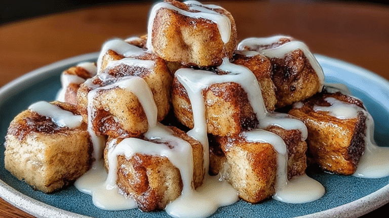 Bite-size cinnamon roll French toast cubes stacked on a plate, drizzled with creamy vanilla icing