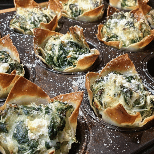 Crispy spinach and artichoke wonton cups baked in a muffin tin, topped with Parmesan cheese.