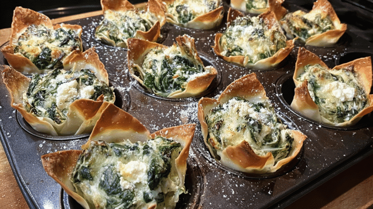 Crispy spinach and artichoke wonton cups baked in a muffin tin, topped with Parmesan cheese.