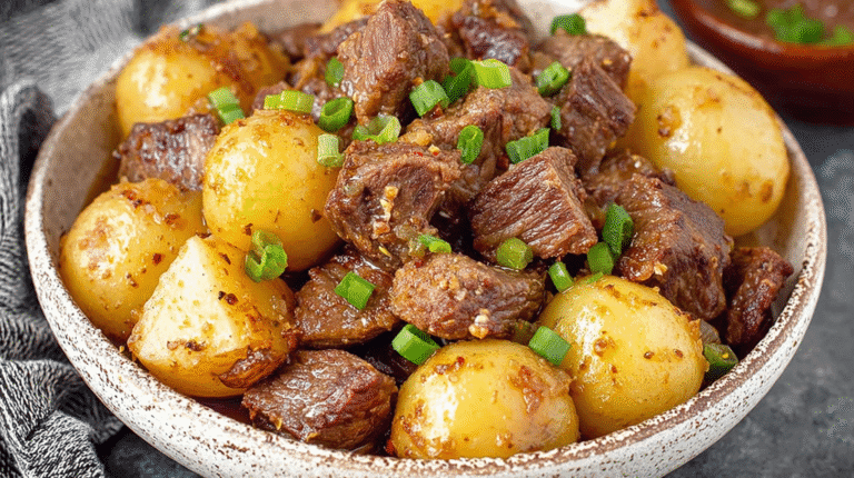 Crockpot garlic butter beef bites with baby potatoes, garnished with chopped green onions in a rustic bowl.
