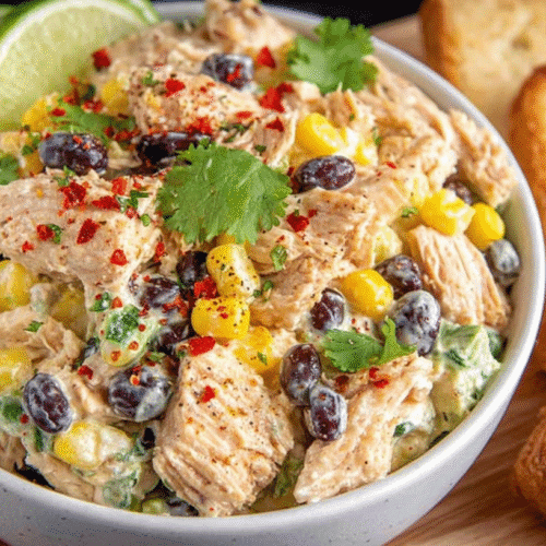 Bowl of Southwest chicken salad with shredded chicken, black beans, corn, cilantro, and lime slices served with toasted bread.