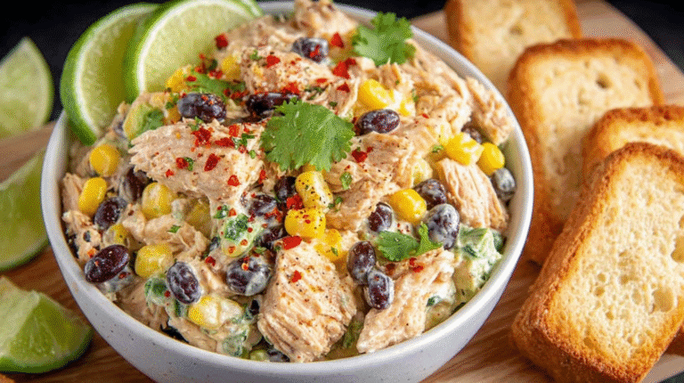 Bowl of Southwest chicken salad with shredded chicken, black beans, corn, cilantro, and lime slices served with toasted bread.