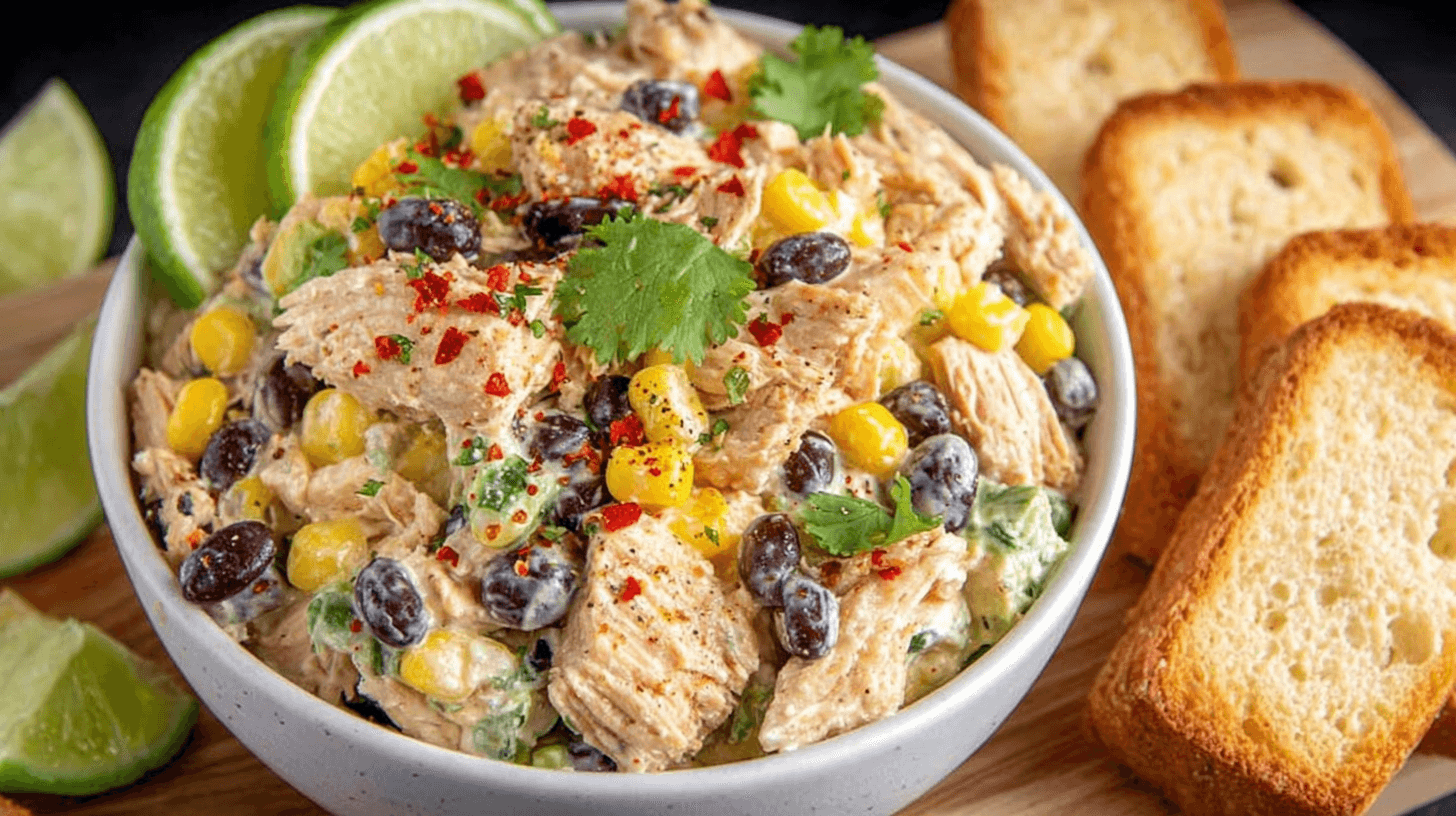 Bowl of Southwest chicken salad with shredded chicken, black beans, corn, cilantro, and lime slices served with toasted bread.