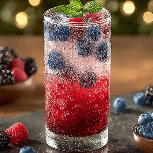 Sparkling berry mocktail in a tall glass with crushed raspberries, blueberries, and mint, surrounded by fresh berries.