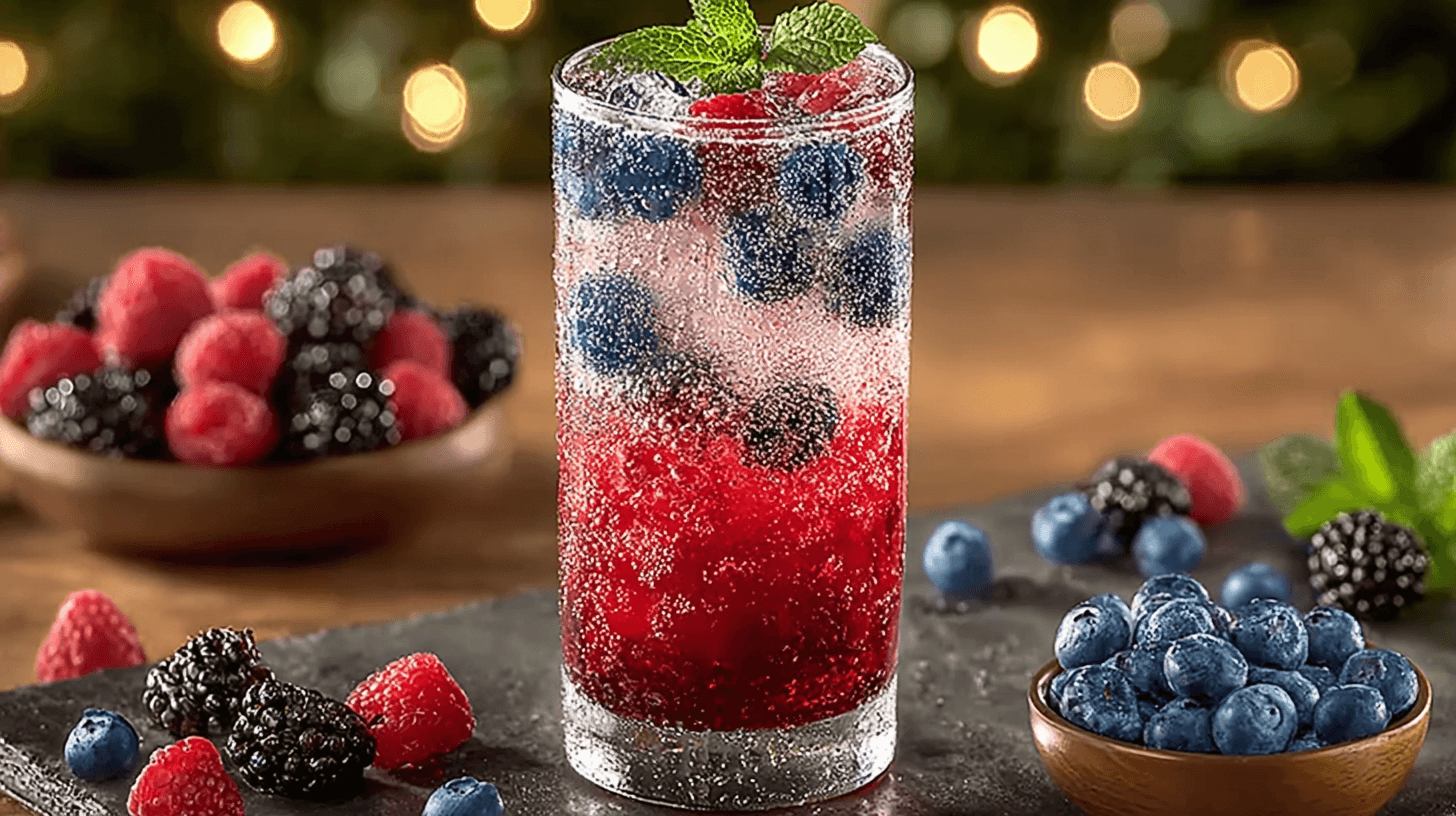 Sparkling berry mocktail in a tall glass with crushed raspberries, blueberries, and mint, surrounded by fresh berries.