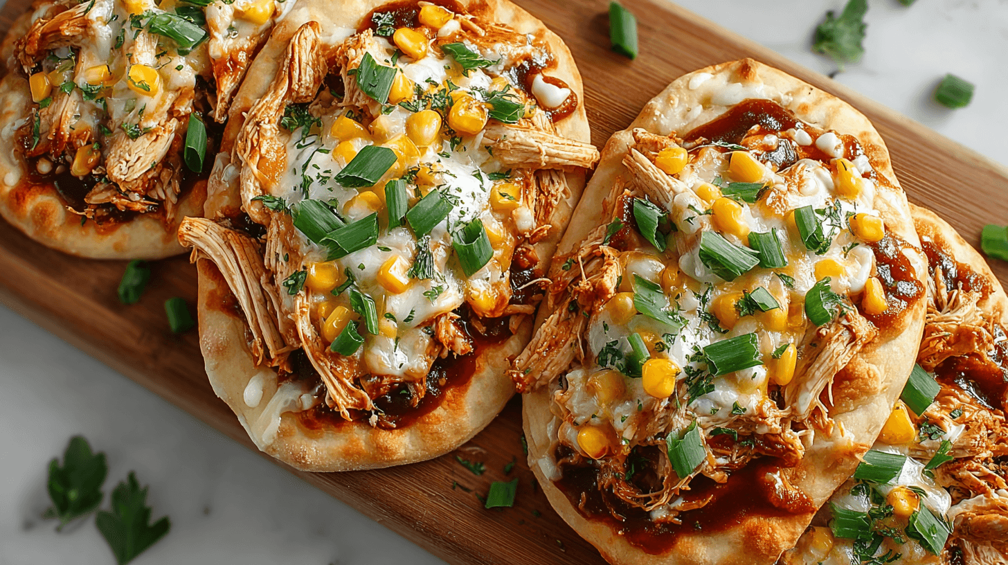 Chicken Caesar flatbreads topped with shredded chicken, corn, cheese, and fresh herbs on toasted naan.