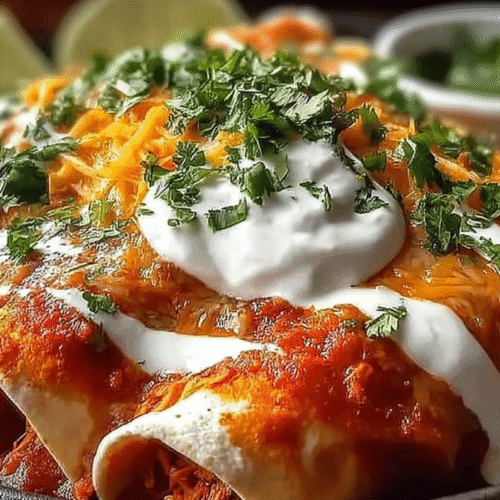 Chicken enchiladas topped with melted cheese, sour cream, and fresh cilantro served in a skillet with lime wedges.