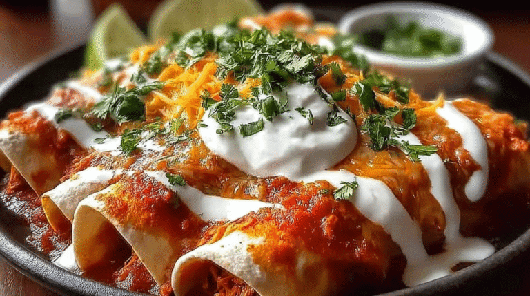 Chicken enchiladas topped with melted cheese, sour cream, and fresh cilantro served in a skillet with lime wedges.