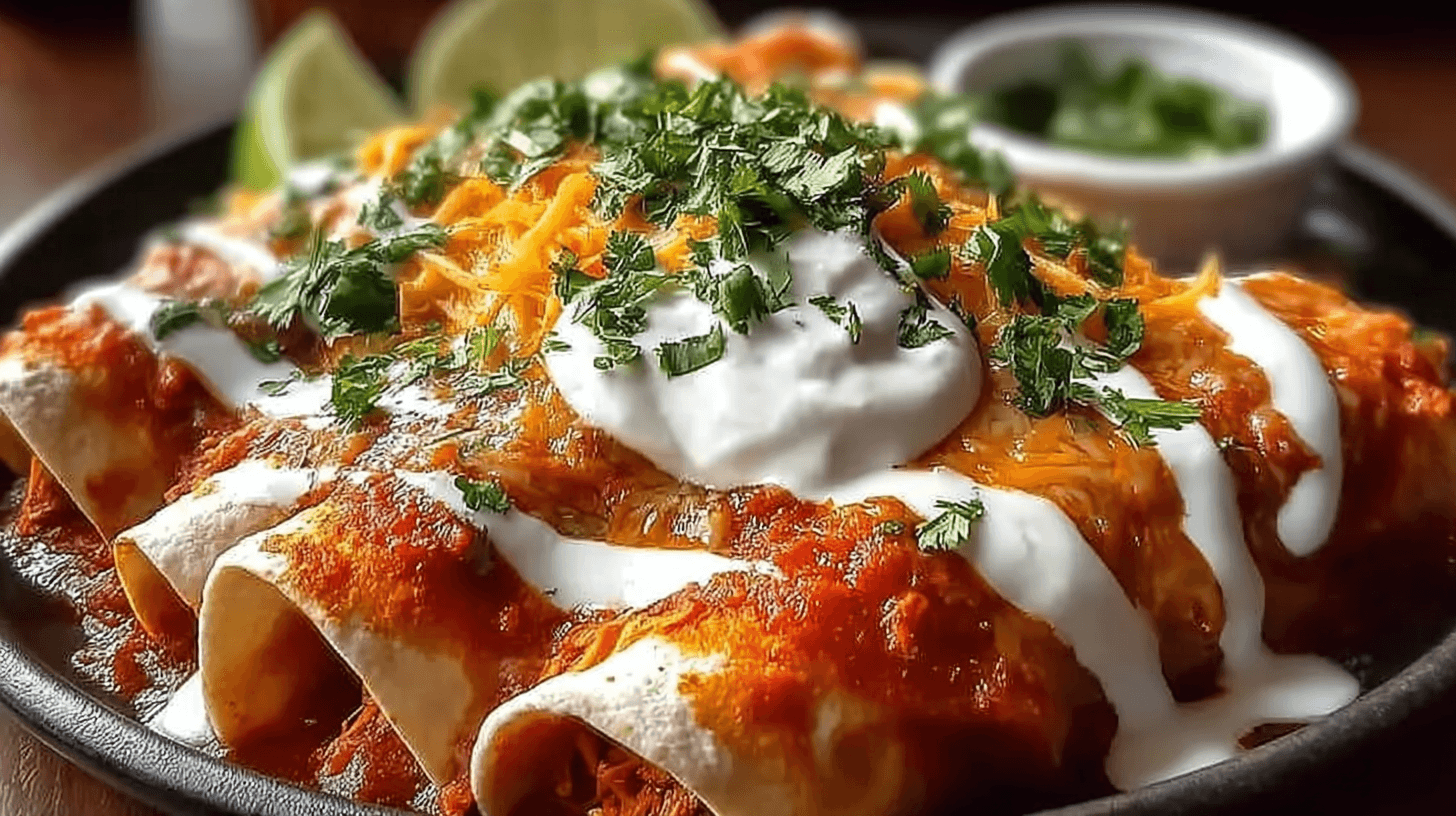 Chicken enchiladas topped with melted cheese, sour cream, and fresh cilantro served in a skillet with lime wedges.