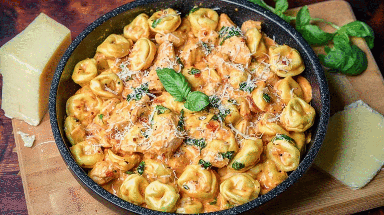 Creamy crockpot chicken tortellini in a garlic-parmesan tomato sauce, garnished with basil and grated cheese in a skillet.