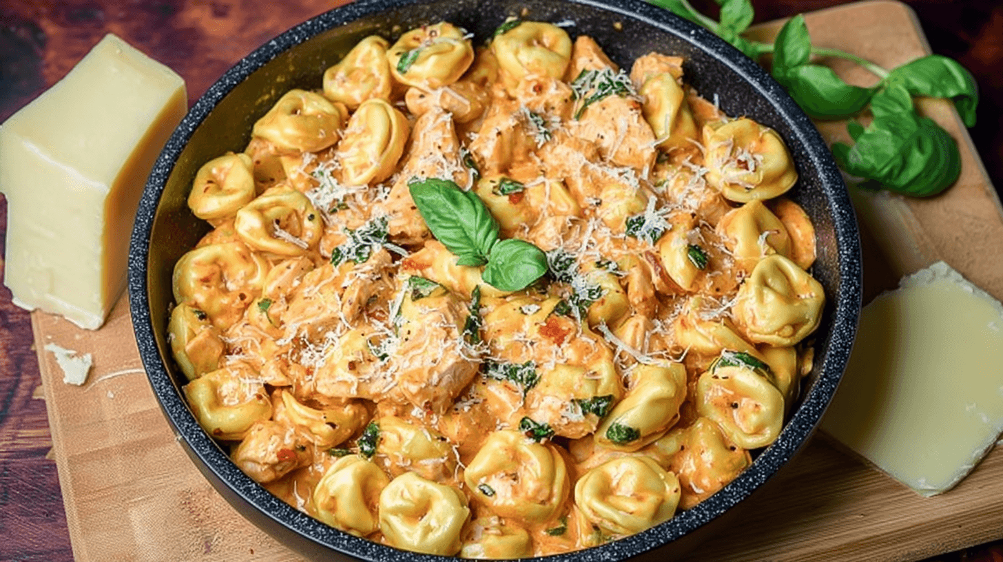 Creamy crockpot chicken tortellini in a garlic-parmesan tomato sauce, garnished with basil and grated cheese in a skillet.