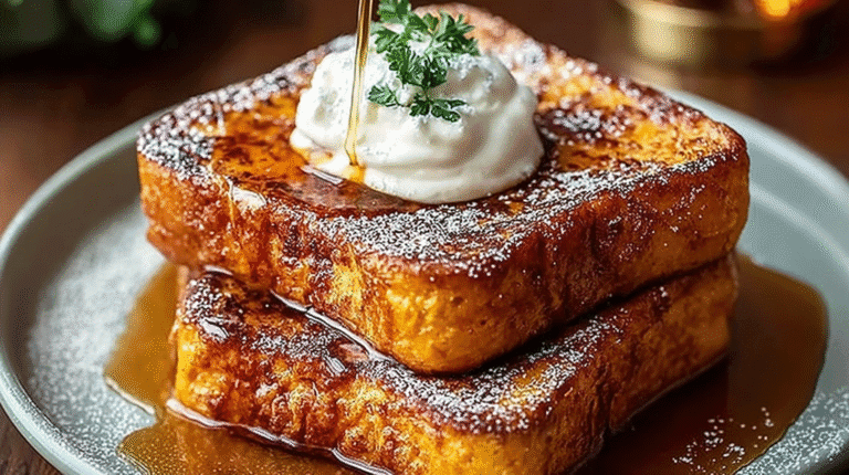 Stack of golden-brown pumpkin French toast topped with whipped cream, maple syrup drizzle, and powdered sugar on a plate.