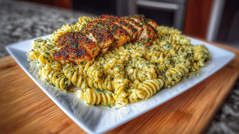 Creamy garlic Parmesan chicken pasta with sliced golden-seared chicken breast served over rotini pasta in a cheesy garlic sauce.