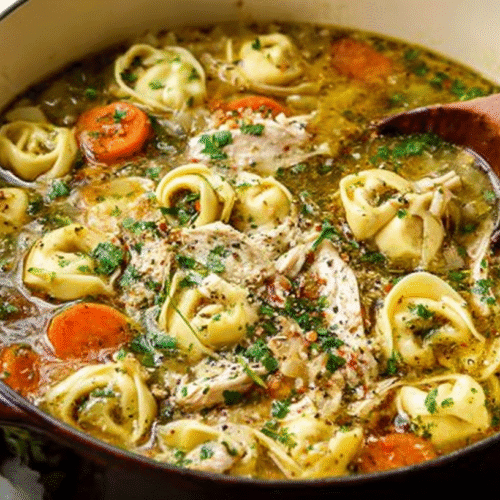 Hearty chicken tortellini soup with carrots, herbs, and shredded chicken simmering in a Dutch oven.