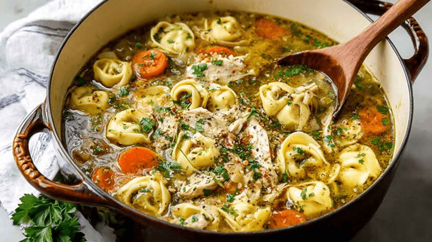 Hearty chicken tortellini soup with carrots, herbs, and shredded chicken simmering in a Dutch oven.