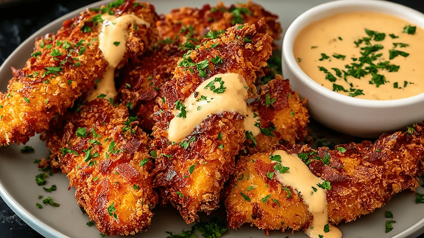 Crispy crack chicken tenders topped with melted cheese, herbs, and served with dipping sauce on a plate.