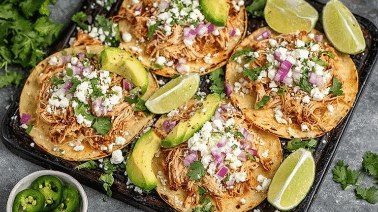 Healthy crockpot chicken tacos on toasted tortillas topped with avocado, red onion, cilantro, and queso fresco with lime wedges.
