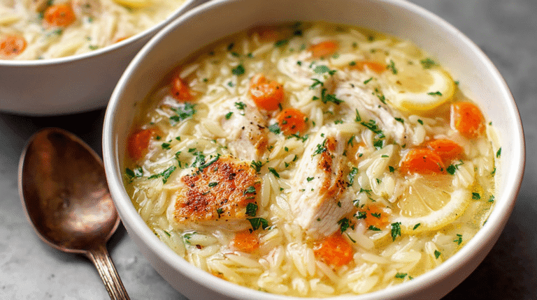 Lemon chicken orzo soup with seared chicken pieces, carrots, orzo, and parsley in a bright lemony broth.