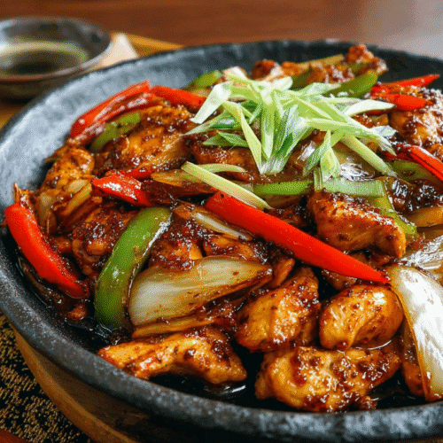 Black Pepper Chicken stir-fry with onions, red and green bell peppers, and scallions in a glossy pepper sauce served in a hot bowl.