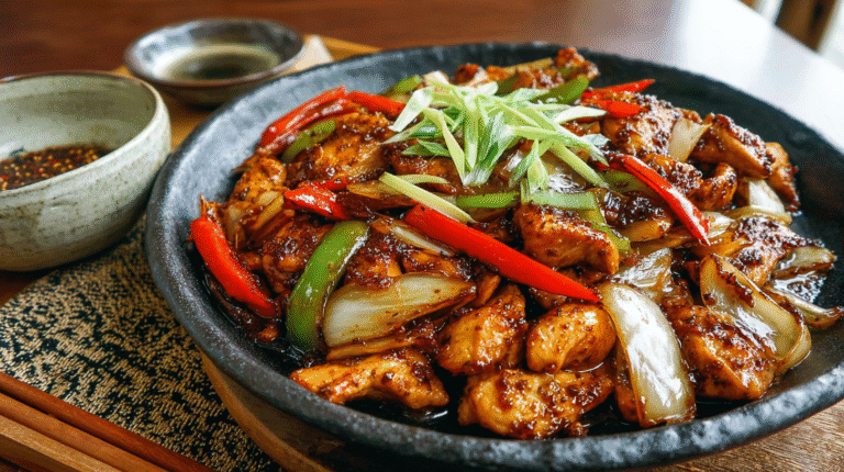 Black Pepper Chicken stir-fry with onions, red and green bell peppers, and scallions in a glossy pepper sauce served in a hot bowl.