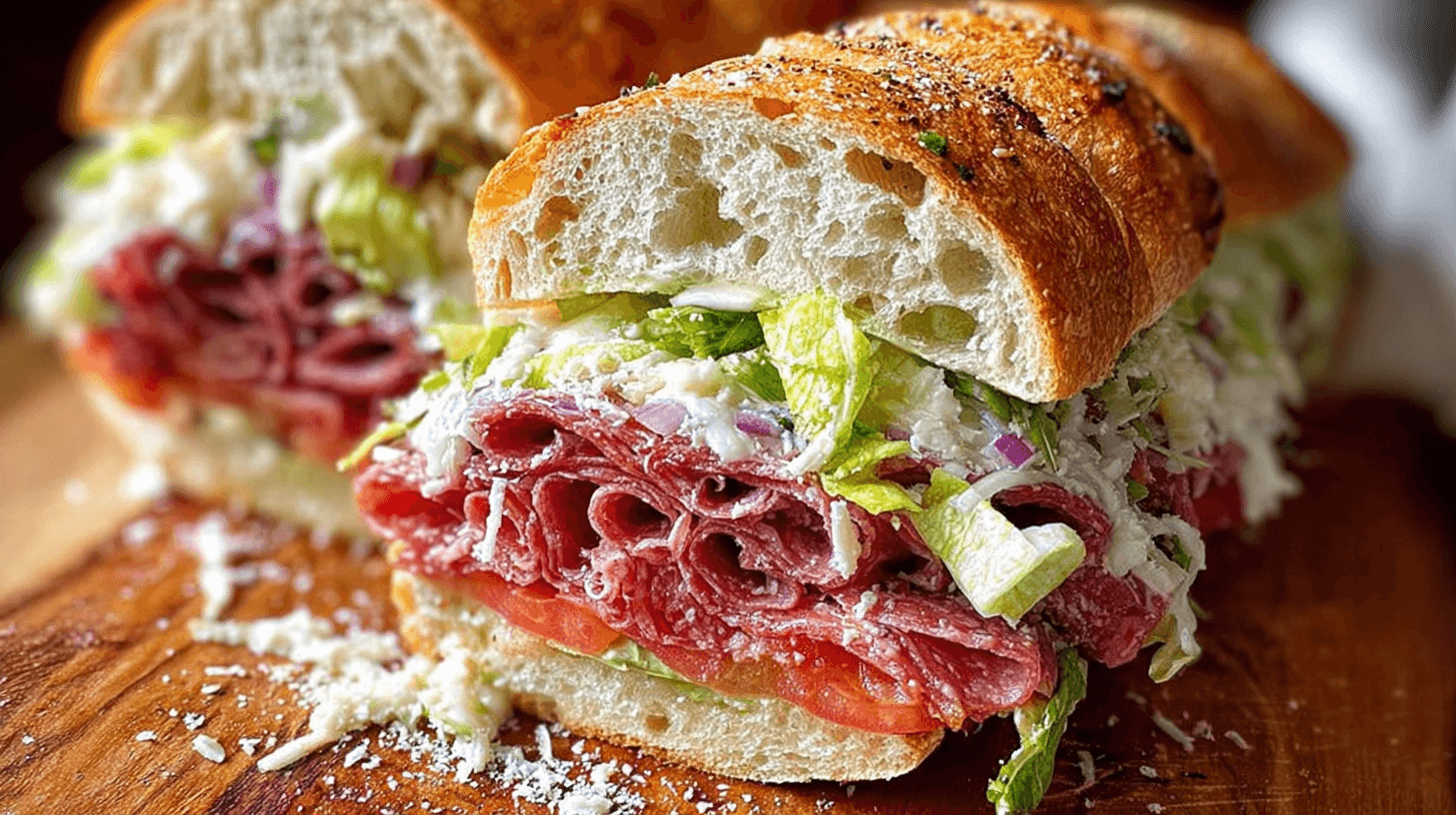 Italian grinder salad sandwich on crusty bread layered with deli meats, lettuce, onions, tomatoes, and creamy dressing.