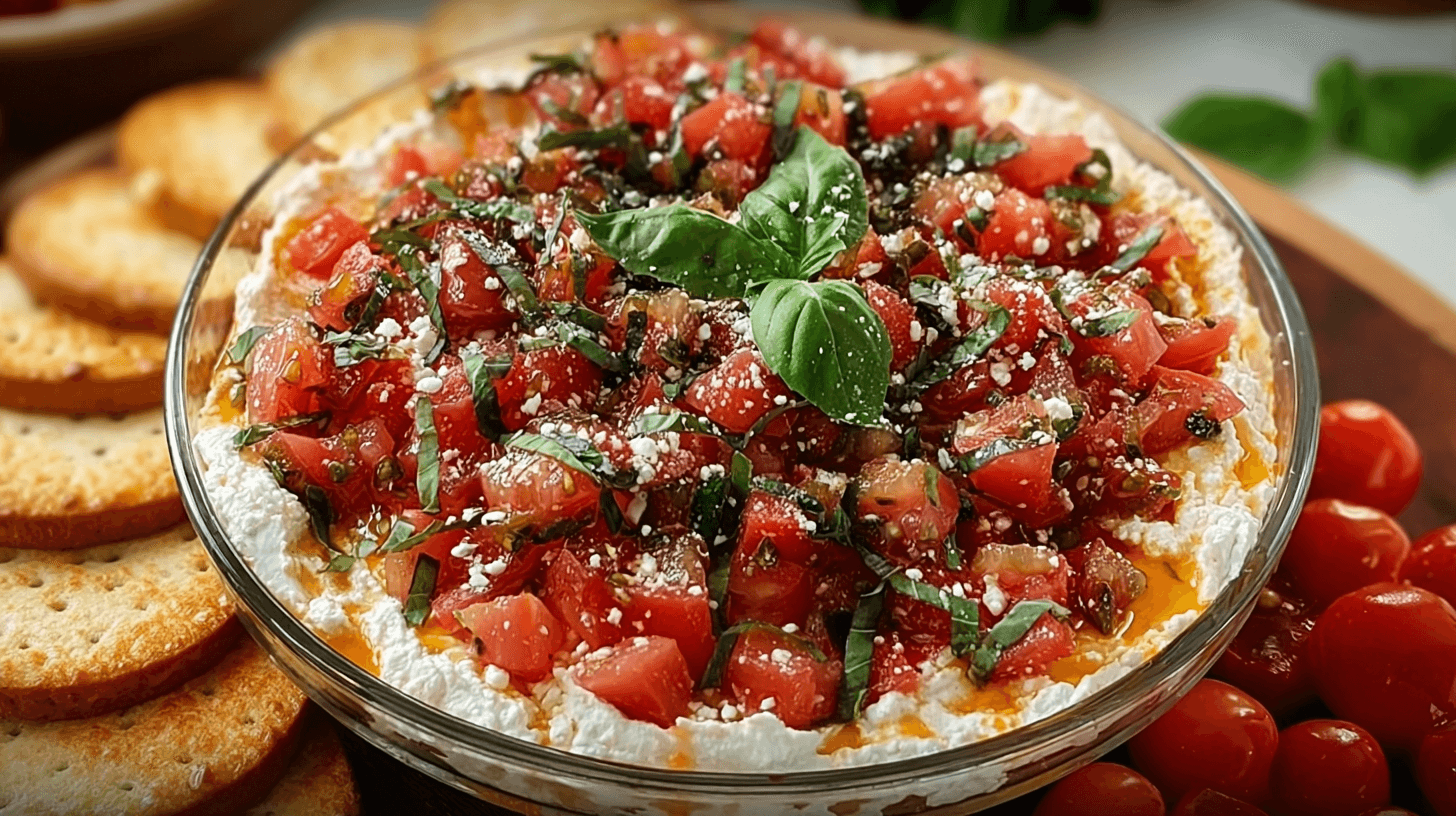 Fresh bruschetta dip in a glass bowl topped with diced tomatoes, basil, and feta cheese, served with crackers.