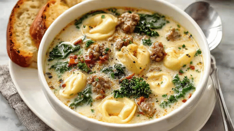 Creamy sausage tortellini soup with cheese tortellini, kale, and herbs in a white bowl, served with crusty bread.