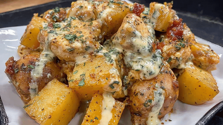 Crockpot garlic parmesan chicken with potatoes topped with creamy sauce and herbs