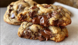 Thick bakery-style chocolate chip cookies stacked with gooey melted chocolate puddles and crisp golden edges.