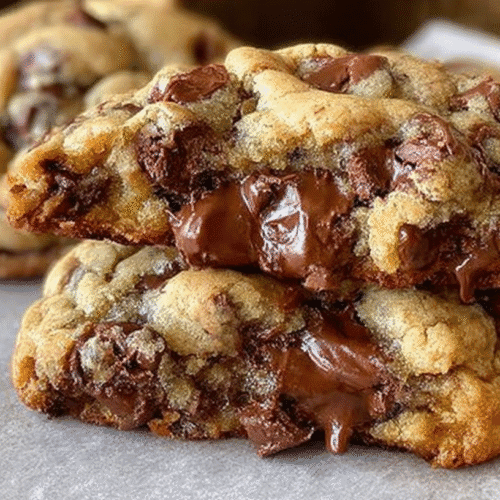 Thick bakery-style chocolate chip cookies stacked with gooey melted chocolate puddles and crisp golden edges.
