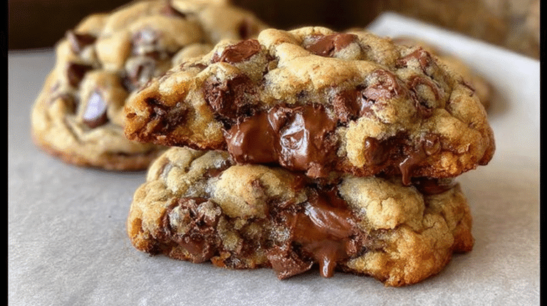 Thick bakery-style chocolate chip cookies stacked with gooey melted chocolate puddles and crisp golden edges.
