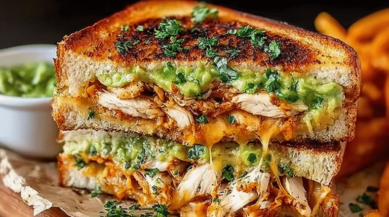 Grilled chicken avocado melt sandwich stacked with shredded chicken, melted cheese, and creamy avocado on toasted bread.