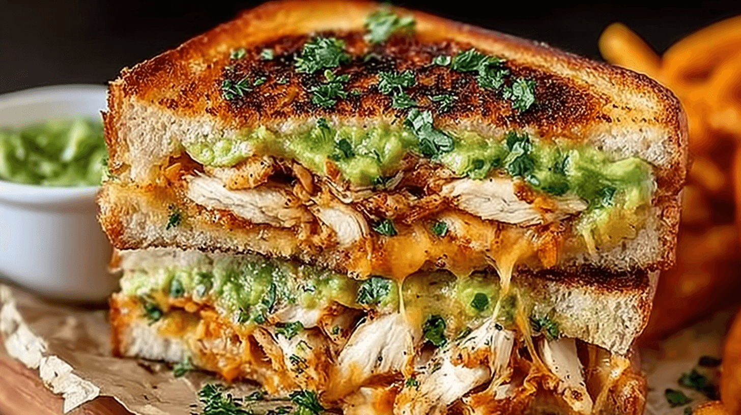 Grilled chicken avocado melt sandwich stacked with shredded chicken, melted cheese, and creamy avocado on toasted bread.